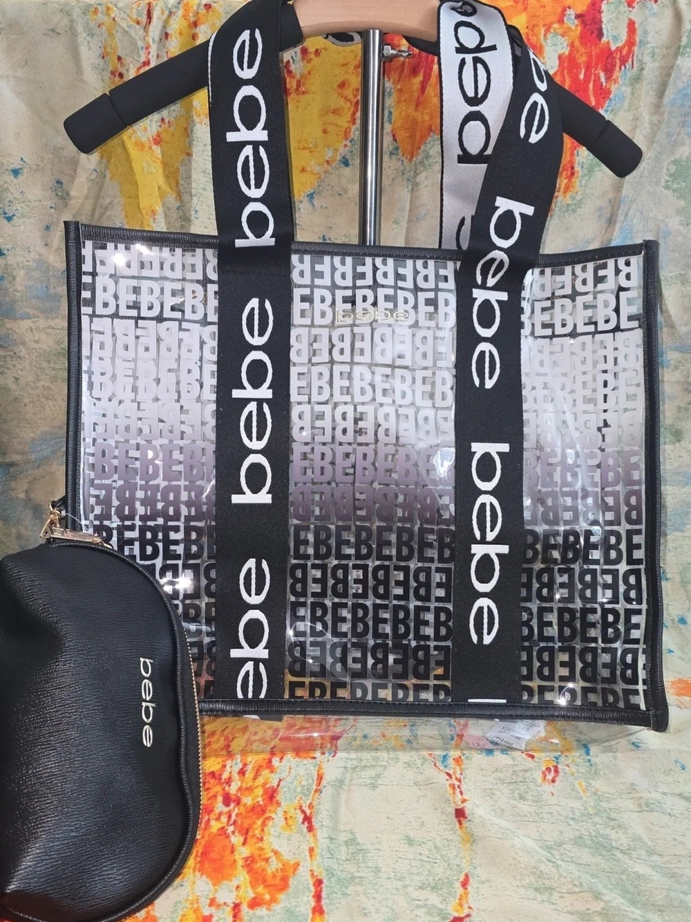 bebe Black & White Logo Tote with Matching Black Pouch
